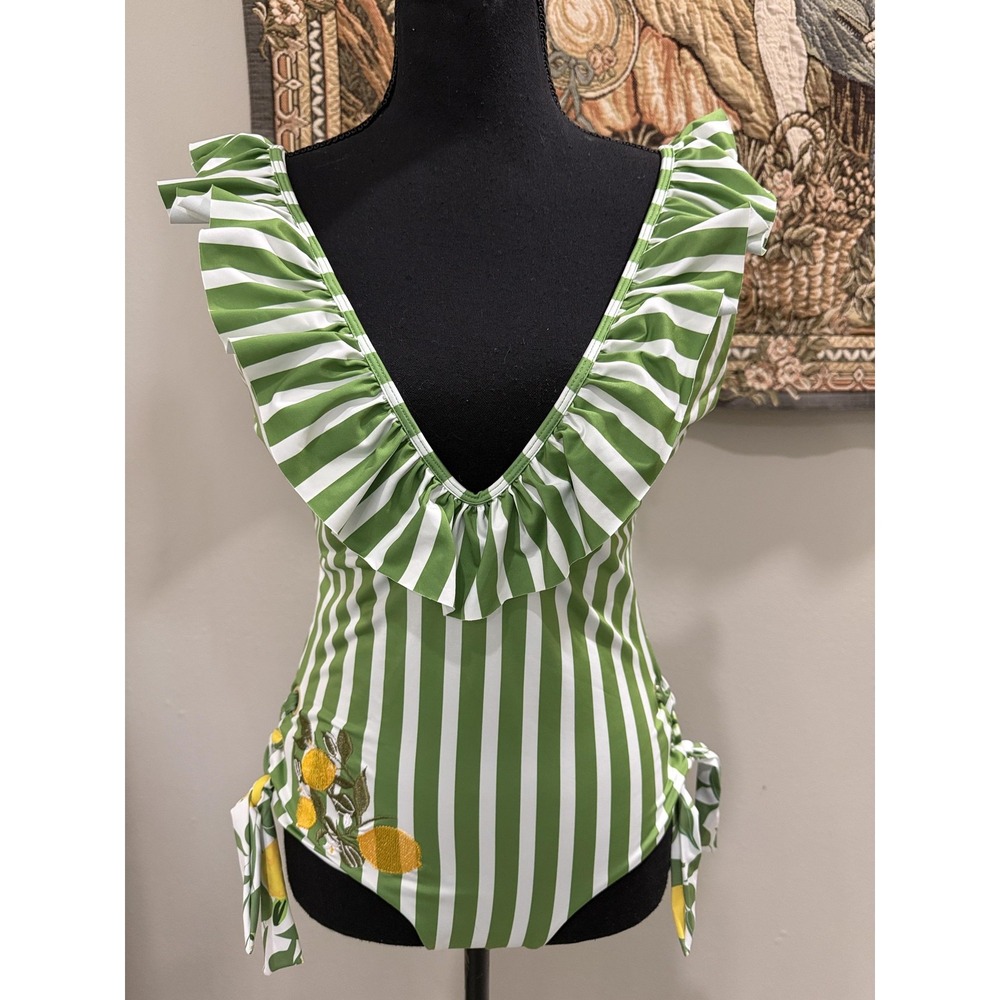 Palmacea Swimsuit Womens Large Green Stripe Ruffle One Piece Lemon Embroidered